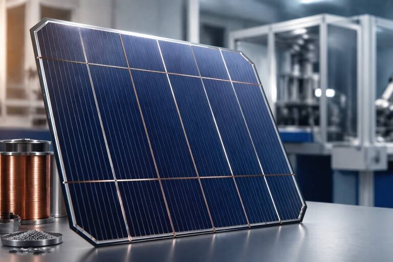 Cella solare TOPCon in un laboratorio di ricerca avanzata, con bordo superiore riflettente, dettagli di metallizzazione e ambiente industriale hi-tech sullo sfondo.