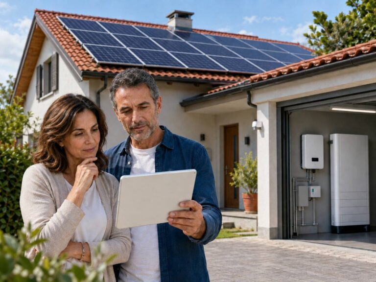 Coppia davanti a una casa con pannelli fotovoltaici e sistema di accumulo valuta una proposta a 27 euro al mese