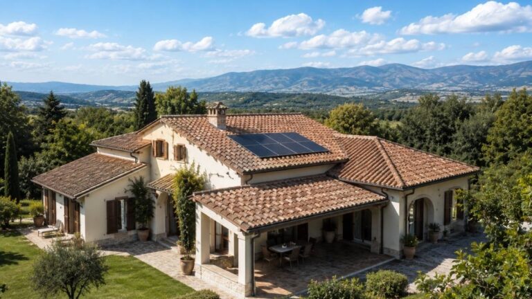 Vista panoramica di una villa italiana a Rieti con alcuni pannelli solari di un impianto fotovoltaico sul tetto