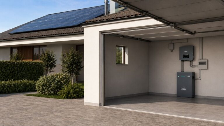 Una casa moderna con un impianto fotovoltaico. L'inverter e l'accumulo sono di una casa produttrice italiana