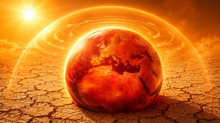 Immagine simbolica di una nuova ondata di caldo causata dall’anticiclone, con sole intenso, cupola di calore e terreno secco.