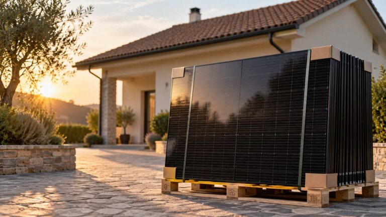 Pannelli fotovoltaici full-black pronti per essere installati davanti a una casa, in vista delle possibili novità Case Green 2027.
