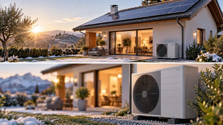 Casa con impianto fotovoltaico sul tetto e pompa di calore esterna durante una giornata invernale.