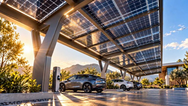 Parcheggio coperto da pensiline fotovoltaiche con pannelli bifacciali, auto elettriche e colonnina di ricarica al tramonto.