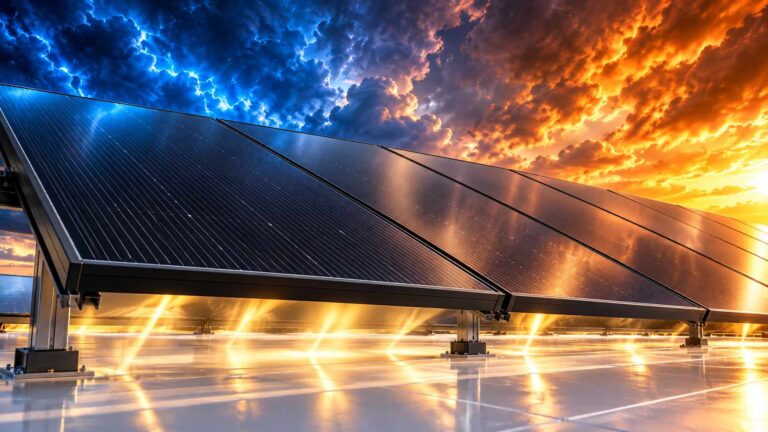 Illustrazione di pannelli SunPower P7 515 rialzati, con luce riflessa dalla superficie sottostante verso il lato posteriore.
