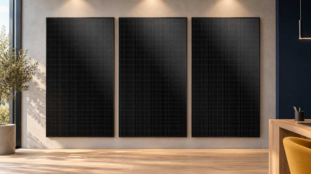 Tre pannelli fotovoltaici neri SunPower Performance 7 esposti affiancati su una parete chiara in un ufficio.