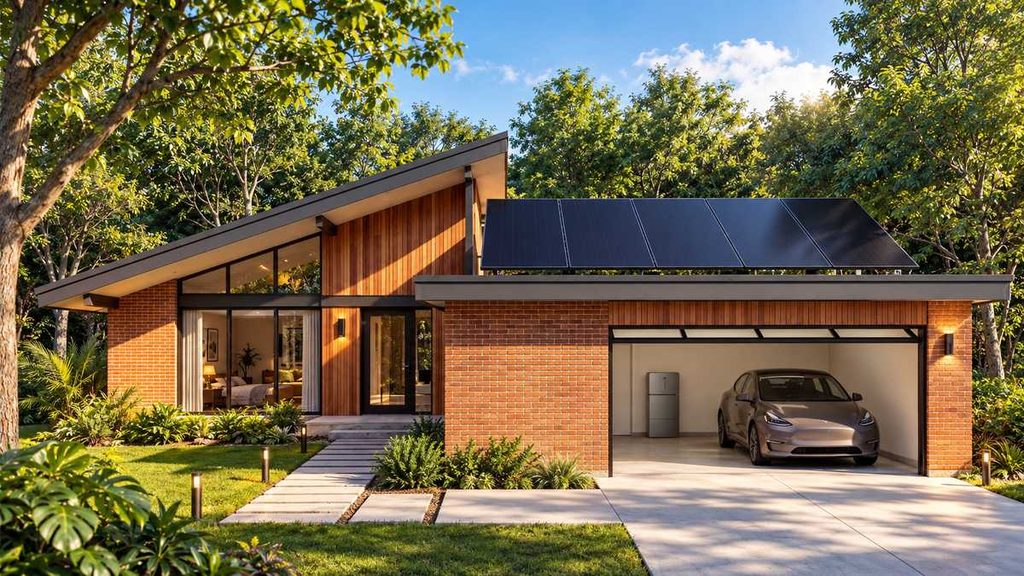 Casa moderna immersa nel verde con pannelli fotovoltaici neri SunPower Origin installati sul tetto del garage, auto elettrica e sistema di accumulo domestico.