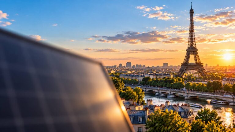 Pannello fotovoltaico sfocato in primo piano e Torre Eiffel al tramonto, in attesa della presentazione di SunPower Origin a Parigi