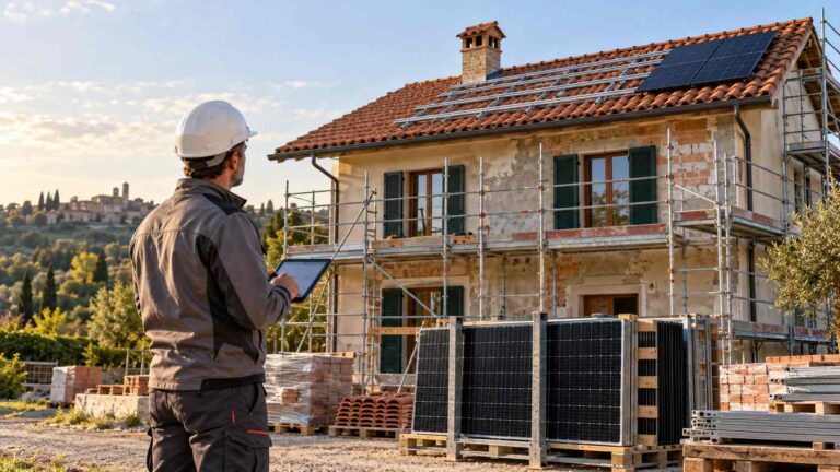 Un tecnico guarda il tetto per capire se l'impianto fotovoltaico potrà installarlo grazie ai bonus del 2027