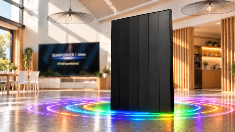 Rendering del pannello fotovoltaico SunPower Origin in un ambiente moderno, con effetti luminosi colorati e logo sullo sfondo.